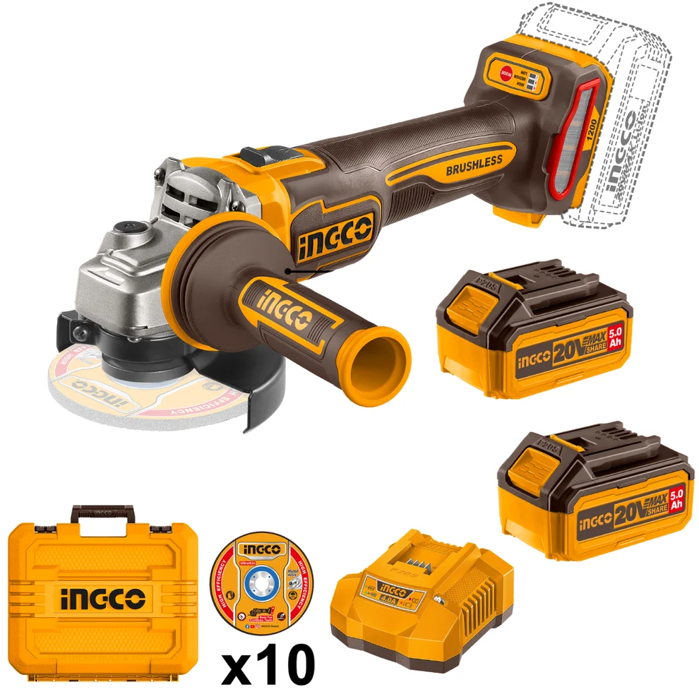 INGCO Cordless Angle Grinder 1200W 20V Kit with Anti-Vibration Handle