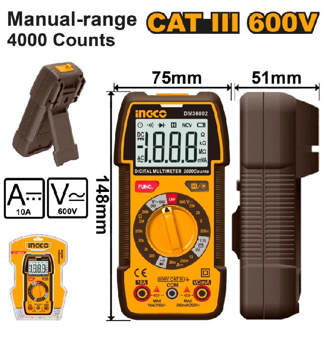 INGCO Manual Range Digital Multimeter, CAT III – 600V – Dm36002