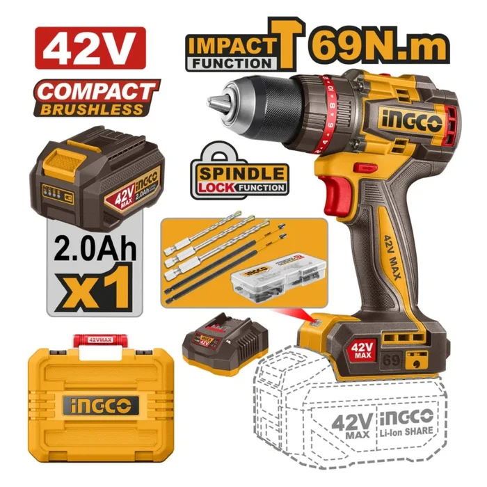 INGCO 42V/69NM Brushless Motor Lithium-Ion Cordless Impact Drill CIDLI426981