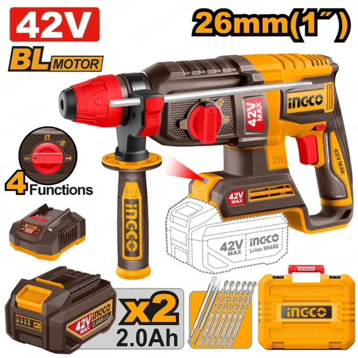 INGCO 42V/26mm(1inch) Lithium-Ion Cordless Rotary Hammer Crhli422682