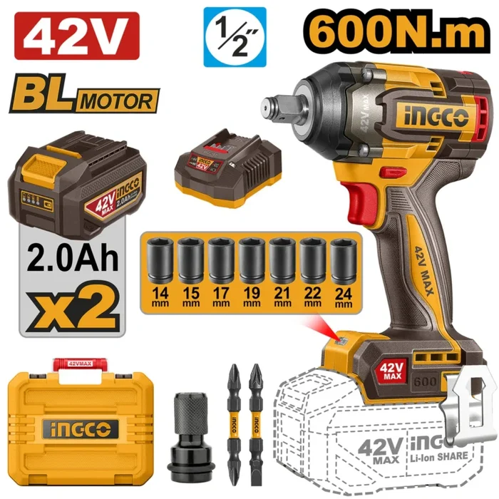INGCO 42V/600NM(1/2inches) Brushless Motor Lithium-Ion Cordless Impact Wrench Ciwli42602