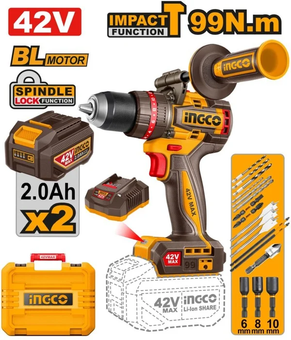 INGCO 42V Brushless cordless 99NM impact drill Cidli429982