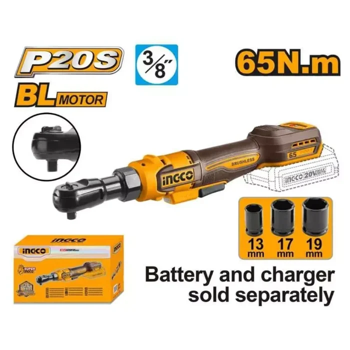 INGCO 9.5 mm (3/8 inch) Square Drive 65 Nm Torque Brushless Motor, CDRLI206521 (without Battery)