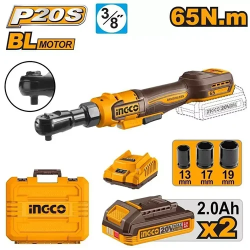 INGCO 3/8” Square Drive Cordless Drive Ratchet 20V 65 N.m KIT