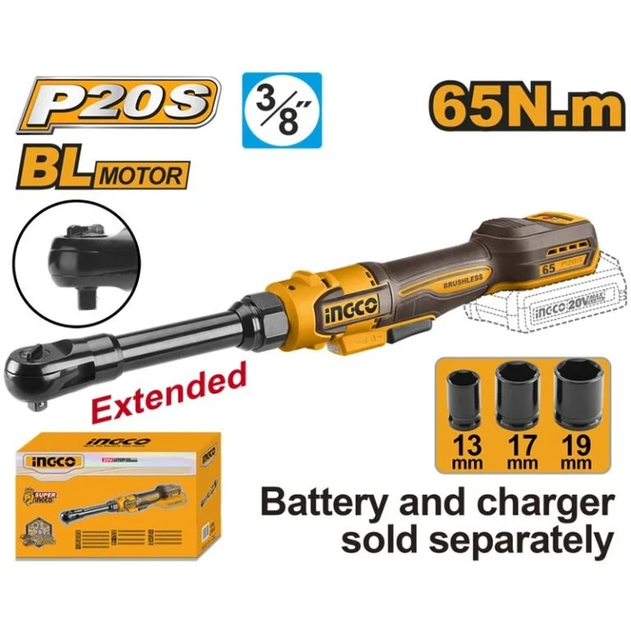 INGCO 20V LI-ION 3/8″ DR. LONG ARM RATCHET 65N.m