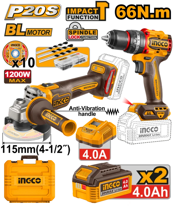 Cordless Angle Grinder 1200W & 66Nm Drill 20V Combo kit Ckli20256