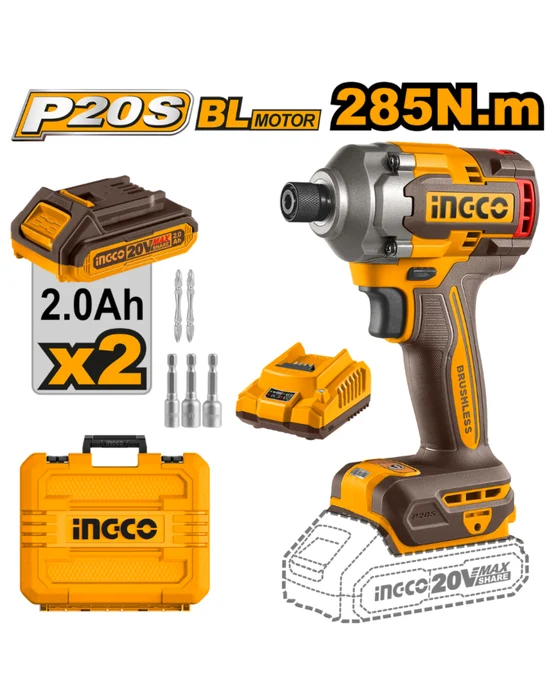 INGCO Cordless Impact Driver 285Nm 20V (Brushless) Kit