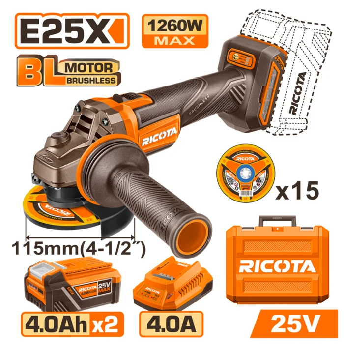 RICOTA 25V CORDLESS 115mm ANGLE GRINDER KIT (1260W)