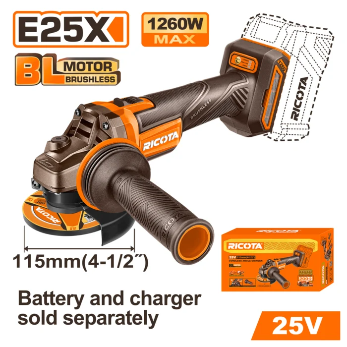 RICOTA 25V CORDLESS 115mm ANGLE GRINDER 115mm NO B/C (1260W)
