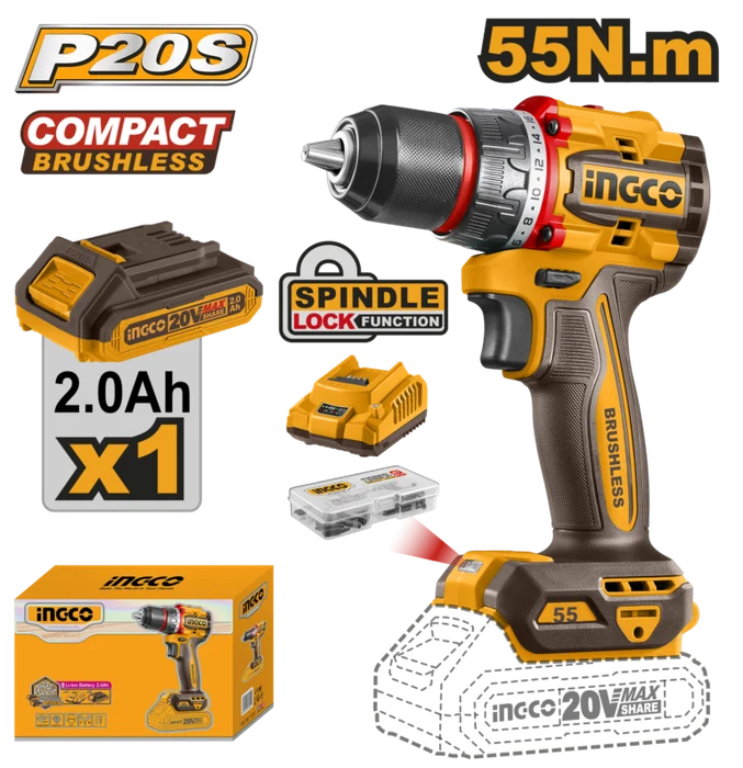 Cordless 20V Lithium-ion Drill 55NM Brushless Kit CDLI205582