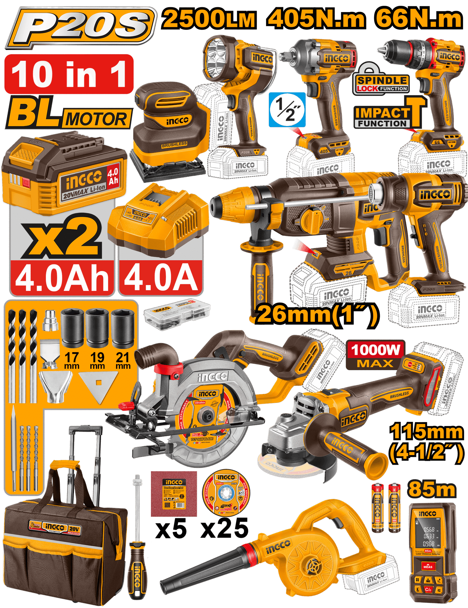 INGCO 20V 10-Piece Cordless Combo Kit